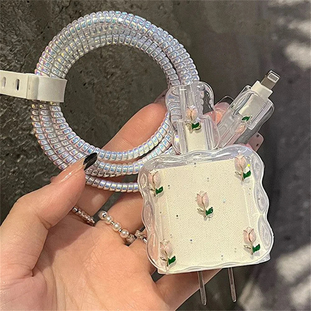 Adorable 3D Metal Tulip Glitter USB Cable Protector – Cute & Durable Charging Guard for iPhone