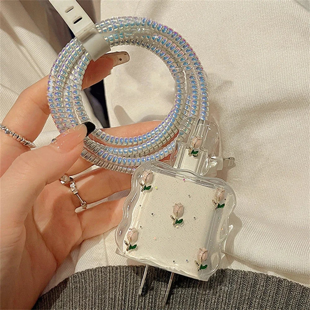 Adorable 3D Metal Tulip Glitter USB Cable Protector – Cute & Durable Charging Guard for iPhone
