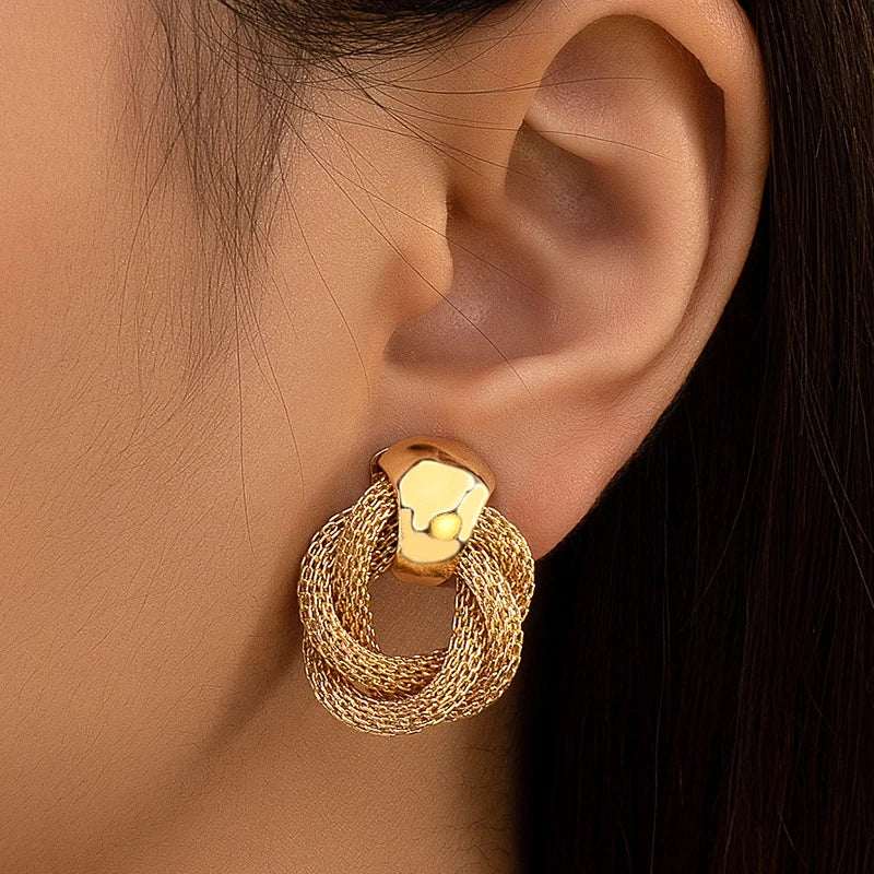 Vintage Metallic Twisted Weaving Round Dangle Earrings – 2025 Trendy Wedding & Party Jewelry