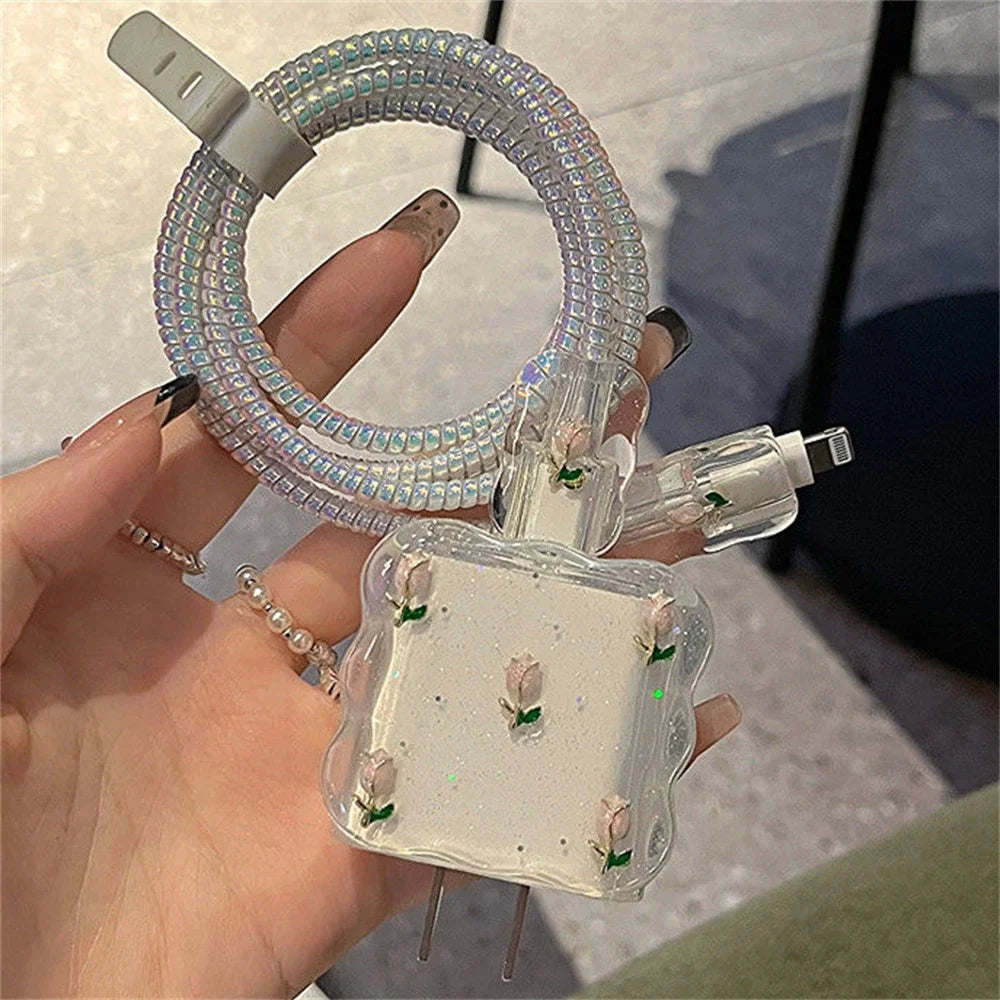Adorable 3D Metal Tulip Glitter USB Cable Protector – Cute & Durable Charging Guard for iPhone