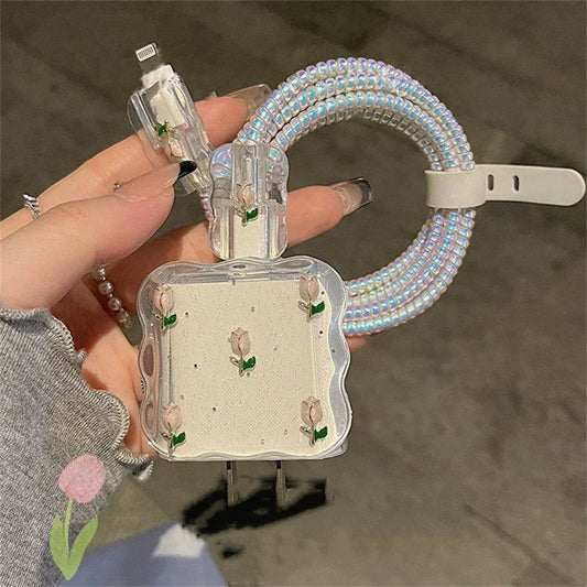 Adorable 3D Metal Tulip Glitter USB Cable Protector – Cute & Durable Charging Guard for iPhone