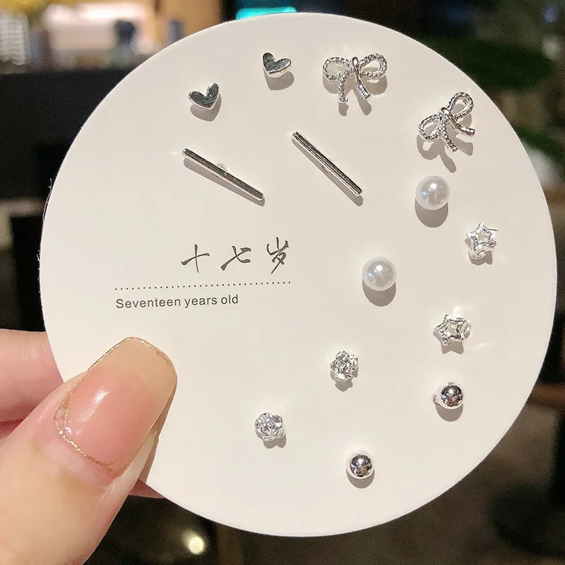 7-Pair Cute Stud Earrings Set – Korean & Geometric Designs ✨