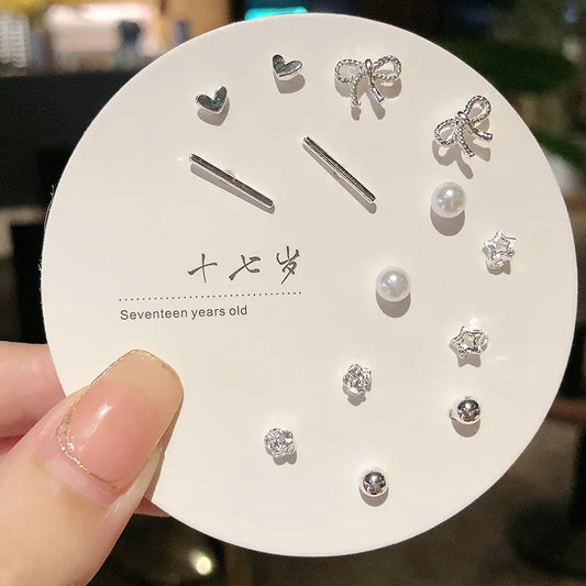 7-Pair Cute Stud Earrings Set – Korean & Geometric Designs ✨